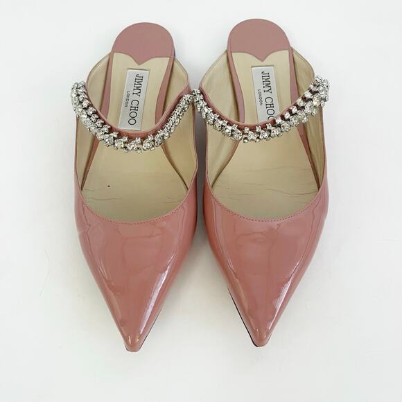 Jimmy Choo Ballet Pink Patent Leather Crystal Bing Pointed Toe Flat Mules 37.5 - Picture 2 of 11